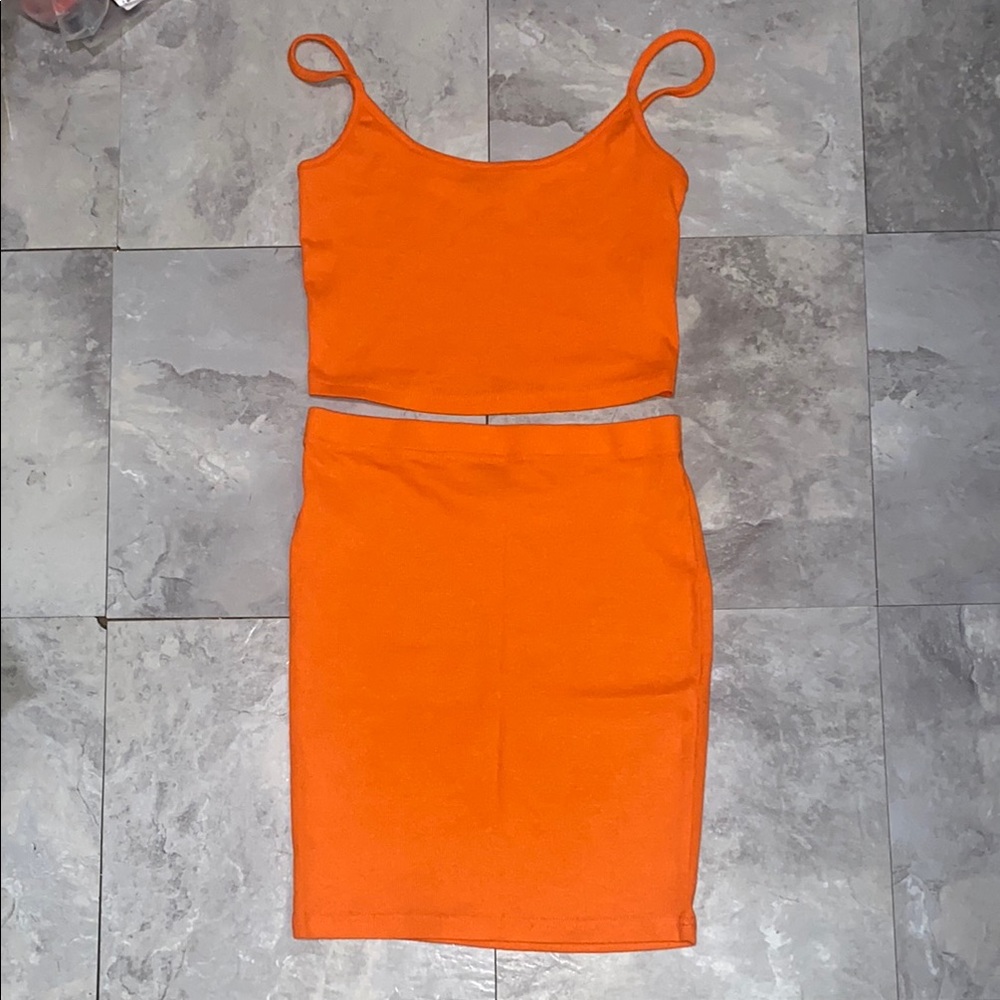 Vibrant Orange Two-Piece Set size Xs brand new never worn top skirt SHEIN